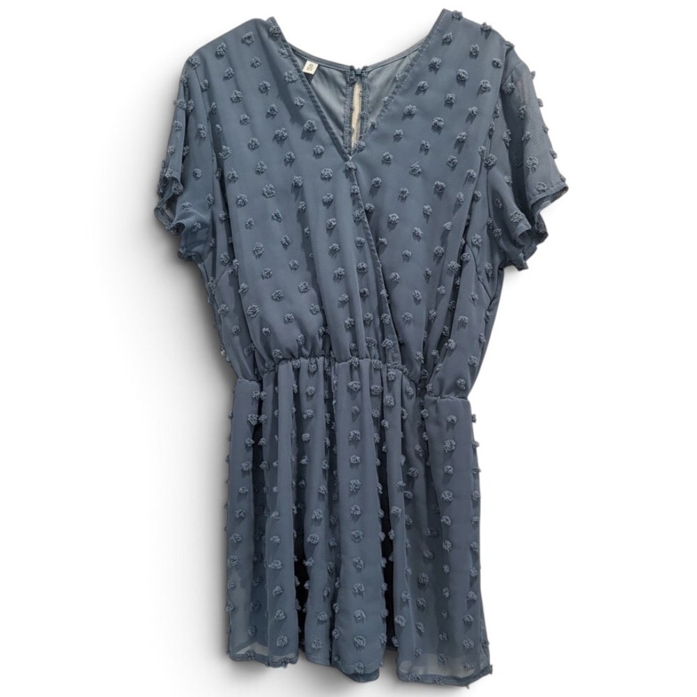 Fashion Womens Swiss Dot Romper Blue V-Neck Short Sleeve Elastic Waist XXL
